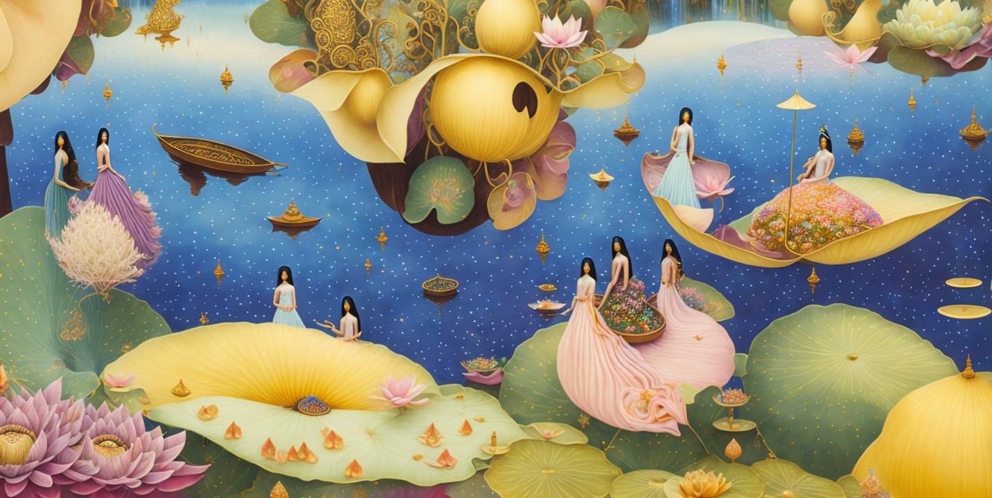 Surreal Landscape with Ethereal Figures and Lotus Flowers