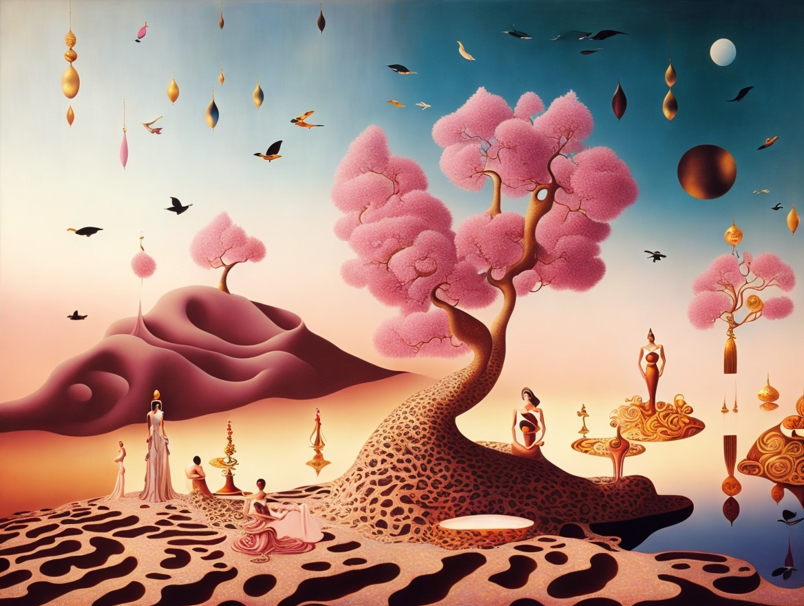 Surreal Landscape with Pink Trees and Ethereal Figures