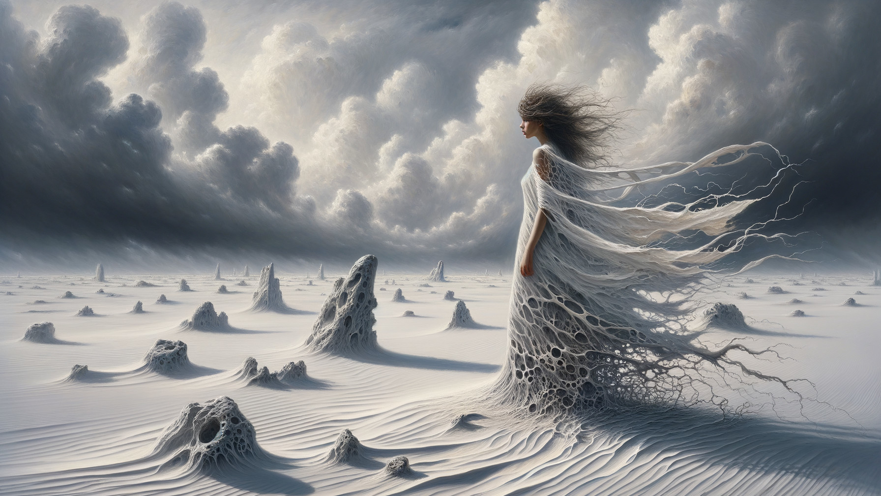 Surreal Landscape with Ethereal Clouds and Gown