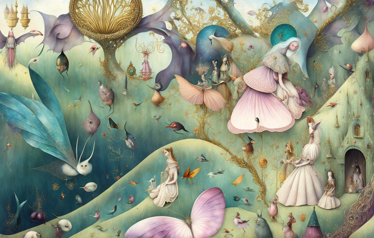 Whimsical Dreamlike Landscape with Enchanting Creatures