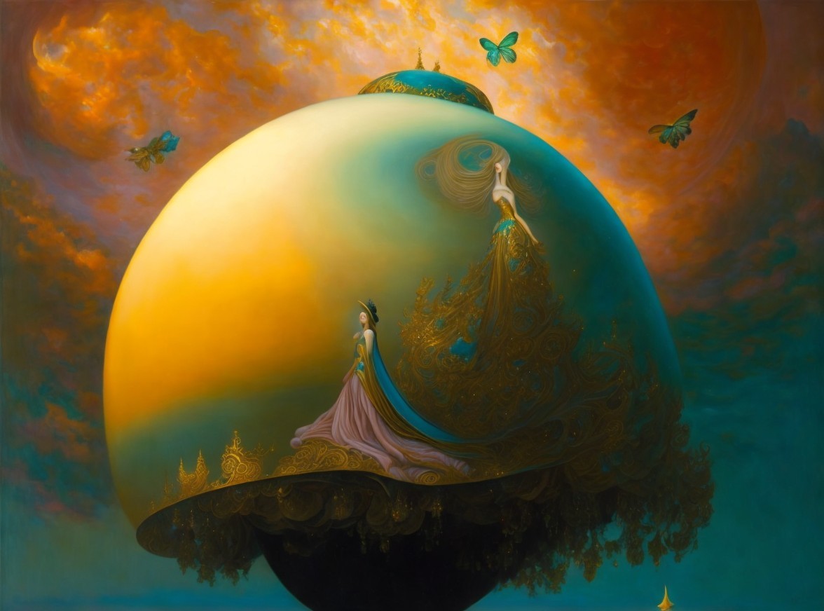 Surreal Painting of Ethereal Figures on Vibrant Orb