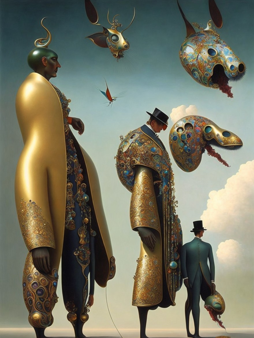 Surreal Artwork of Elegantly Dressed Figures and Creatures