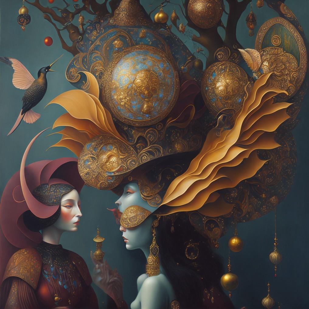 Ethereal Figures in Intricate Headpieces Amidst Landscape