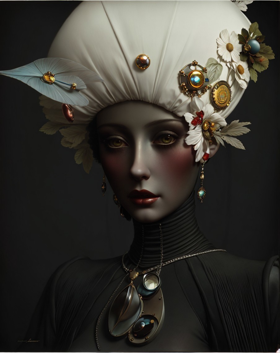 Ethereal Figure with Floral Headpiece and Elegant Outfit