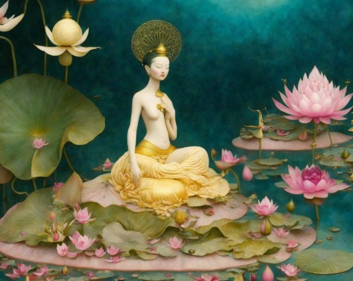 Ornate Sculpture of Female Deity on Lily Pad