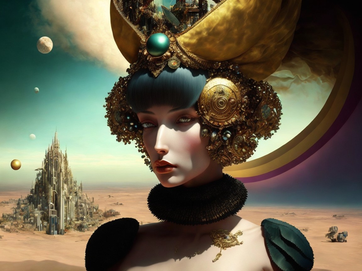 Regal Figure in Surreal Futuristic Landscape