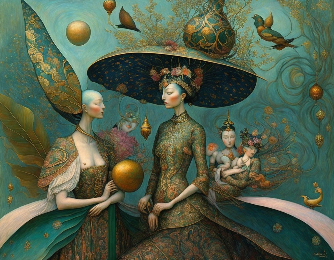Elegant Female Figures with Mythical Elements in Art