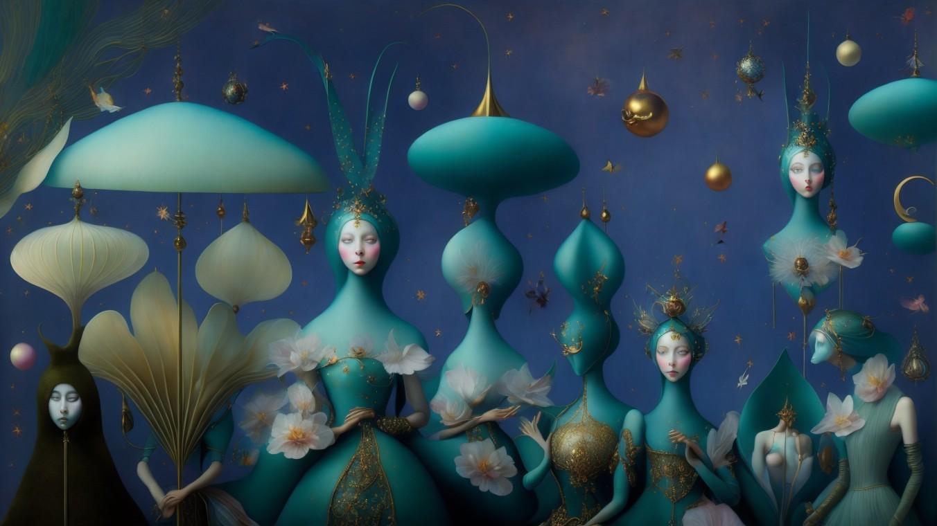 Ethereal Figures with Surreal Elements in Blue Tones