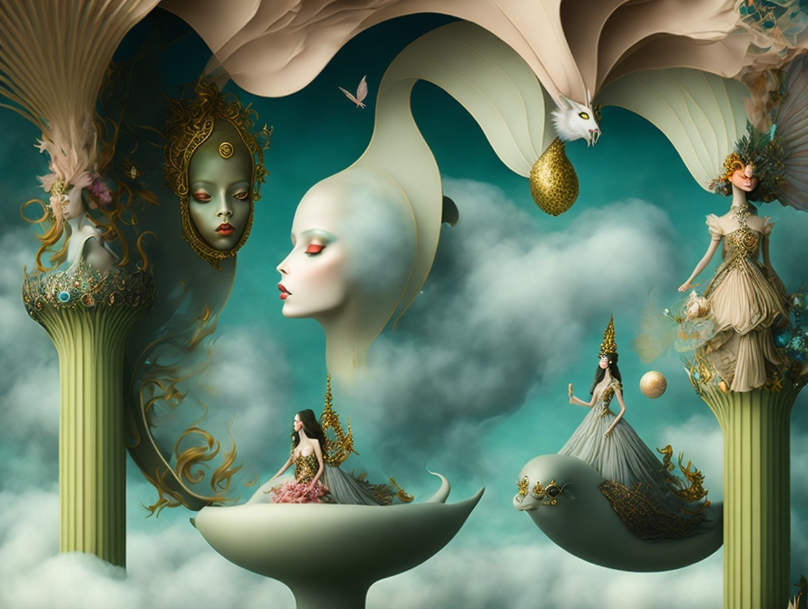Surreal landscape with whimsical structures and ethereal face