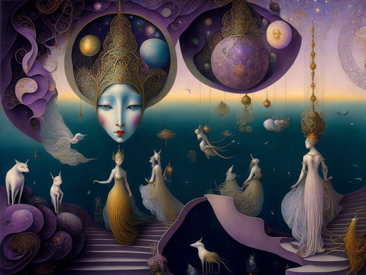Surreal Landscape with Ethereal Figures and Creatures