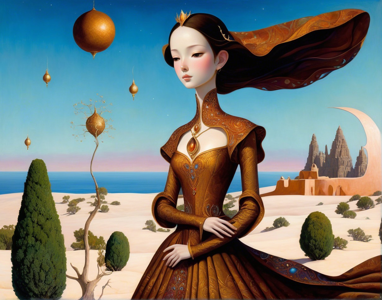 Serene woman in ornate gown amid surreal landscape