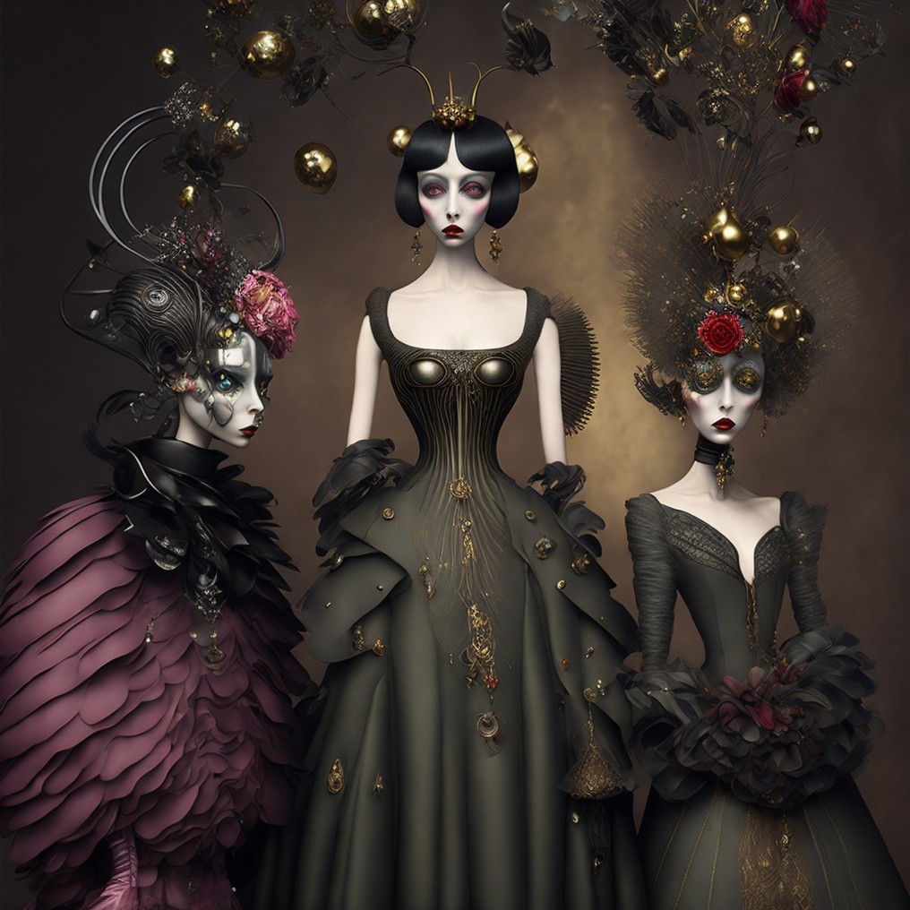 Elegant Fashion Display of Three Styled Figures