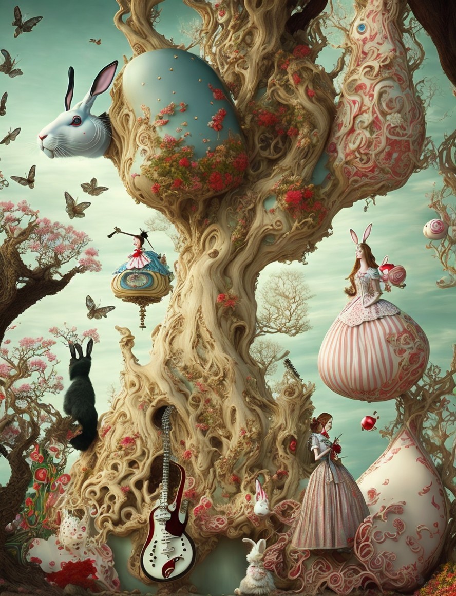 Whimsical Landscape with Surreal Trees and Rabbits