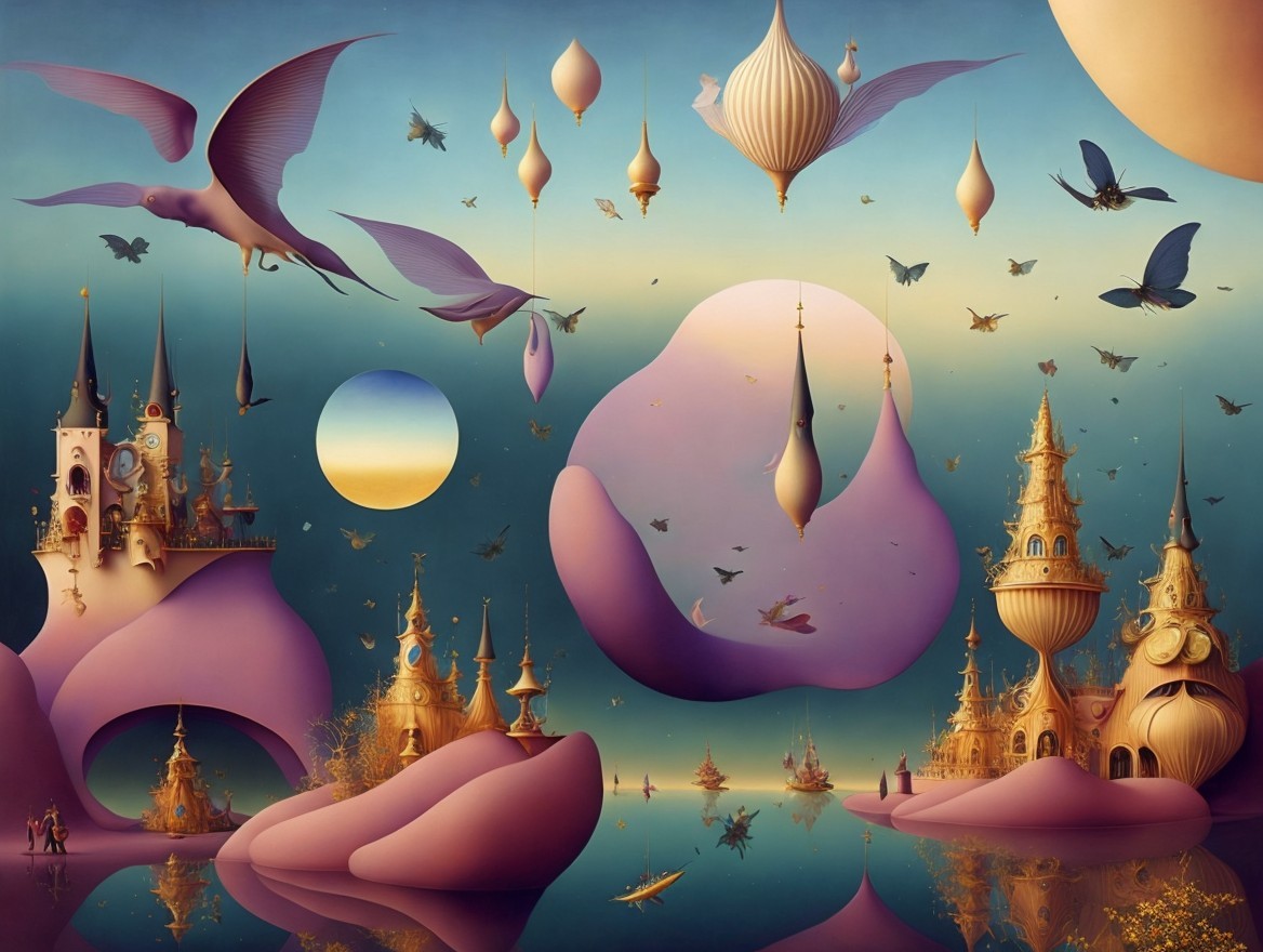 Surreal Landscape with Whimsical Architecture and Colors