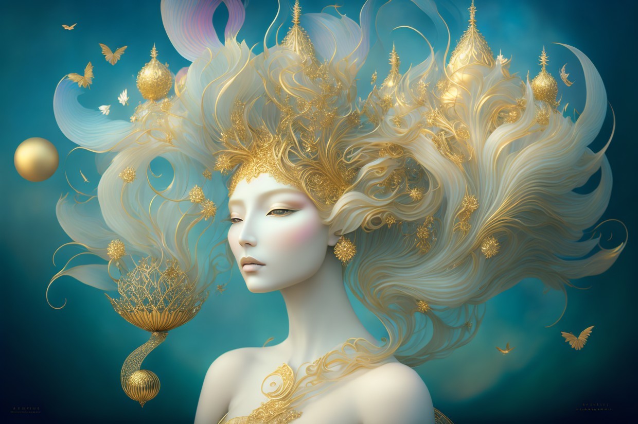 Serene figure with golden hair and floral designs