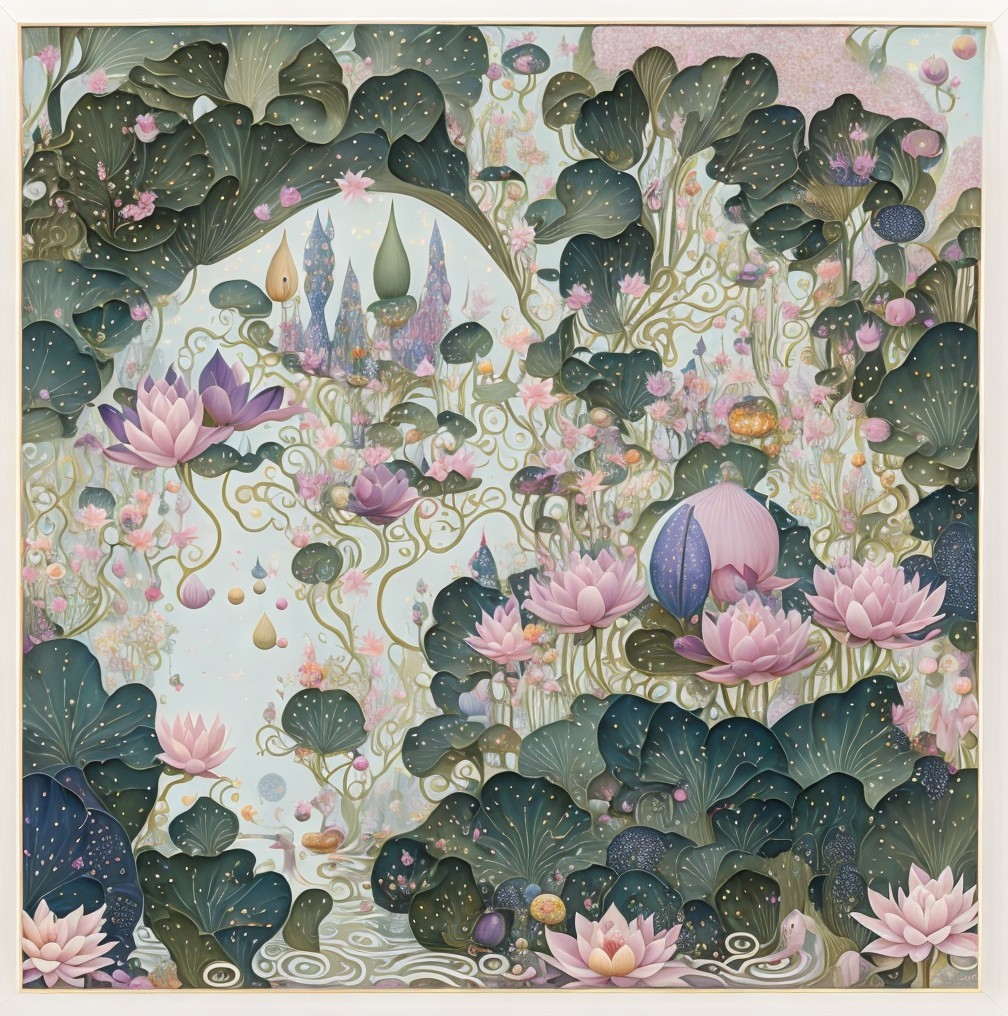 Whimsical Landscape with Lotus Flowers and Castles