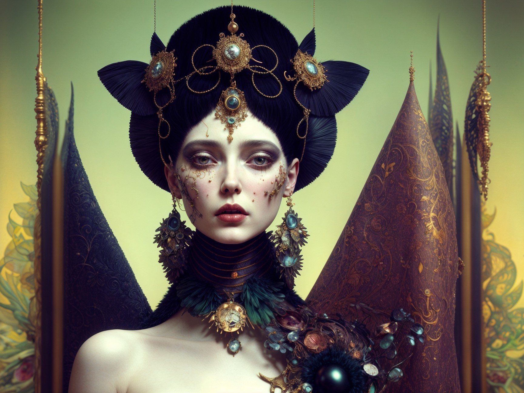 Regal figure with jewel accessories and ornate headpiece