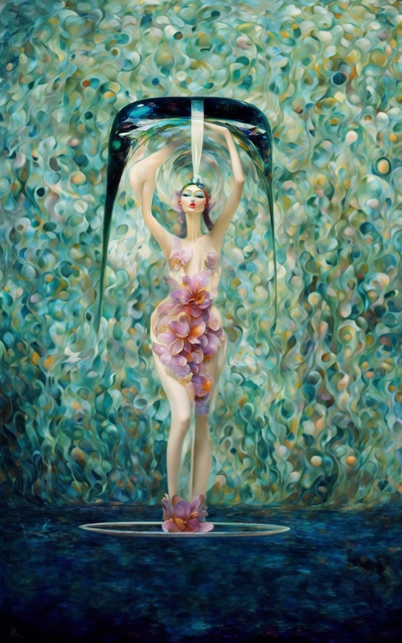Woman Surrounded by Flowers Under Waterfall Scene