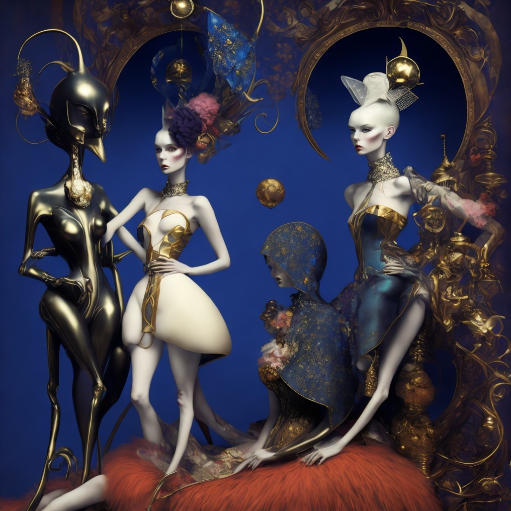 Avant-Garde Mannequins with Metallic Outfits and Fantasy Elements