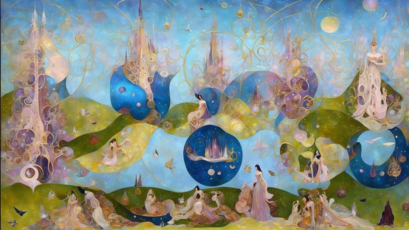 Whimsical Landscape with Ethereal Figures and Towers