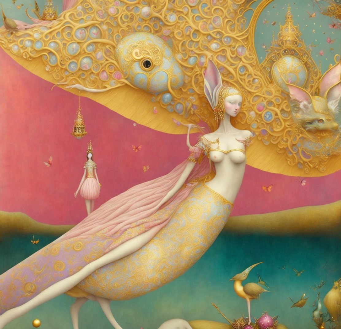 Mermaid-like Creature with Ornate Golden Structure