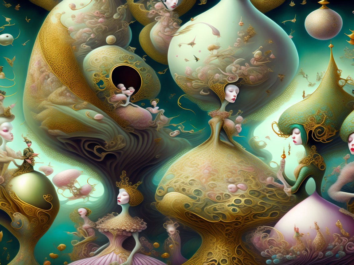 Surreal Artwork with Elongated Figures and Dreamlike Colors