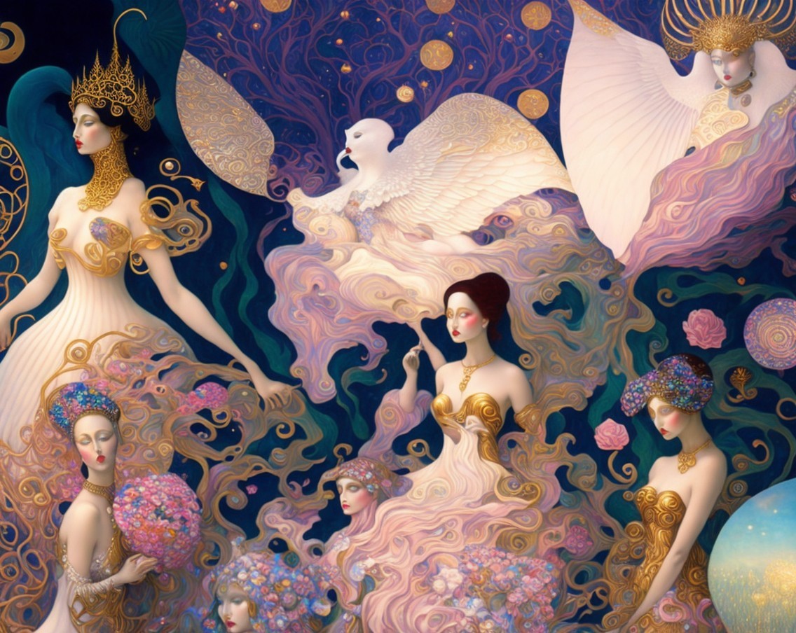 Fantastical Scene with Ethereal Figures and Nature Motifs