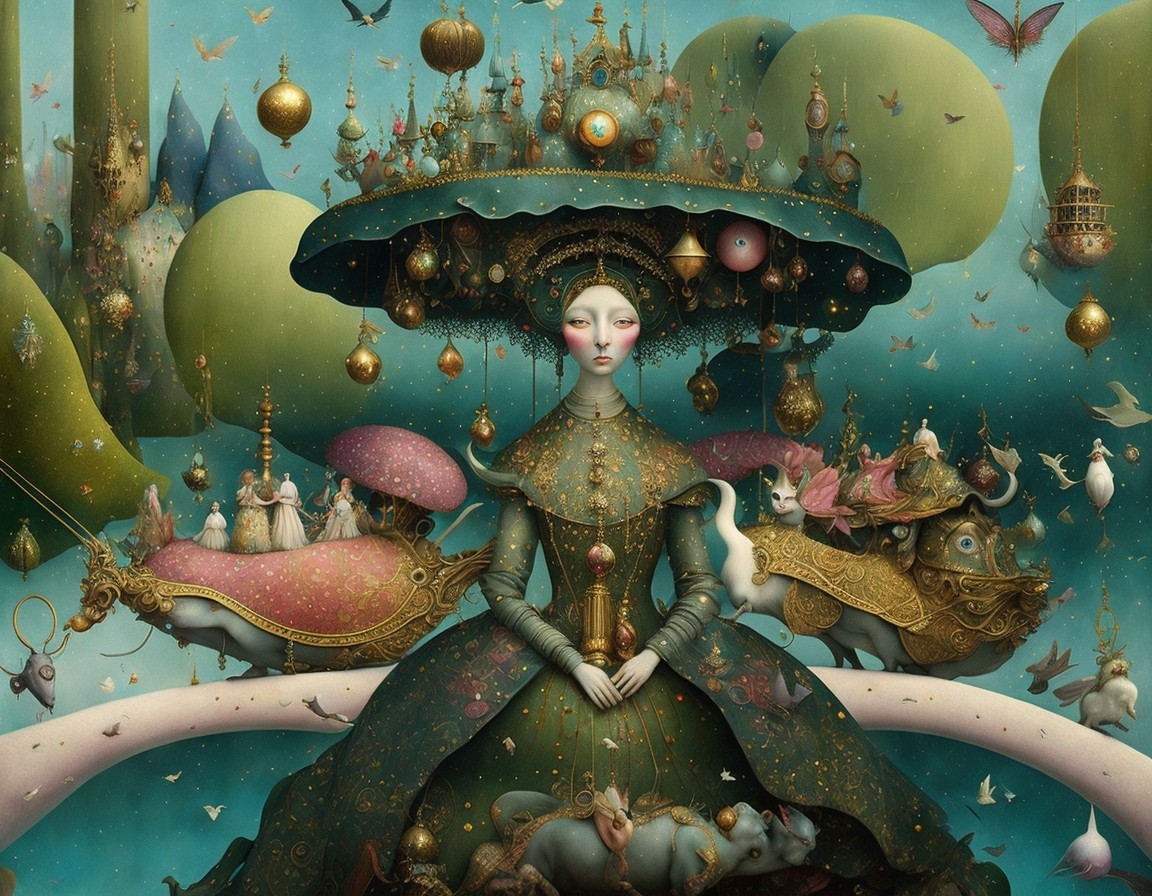 Surreal Scene with Regal Figure in Whimsical Landscape