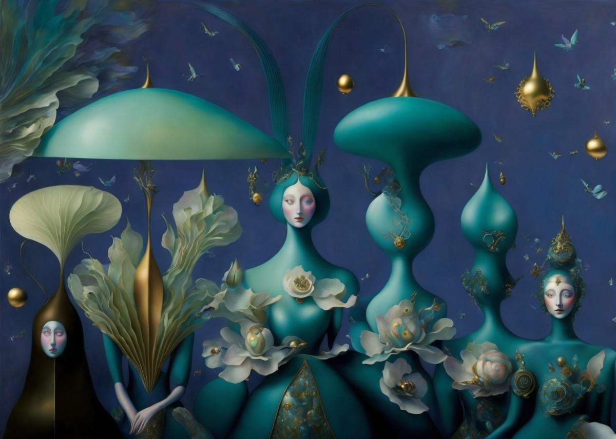 Surreal Artwork of Ethereal Figures in Vibrant Teal