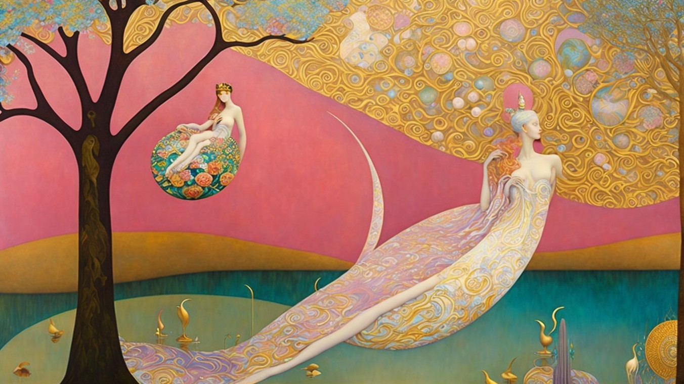 Ethereal Figures Intertwined with Nature in Artwork