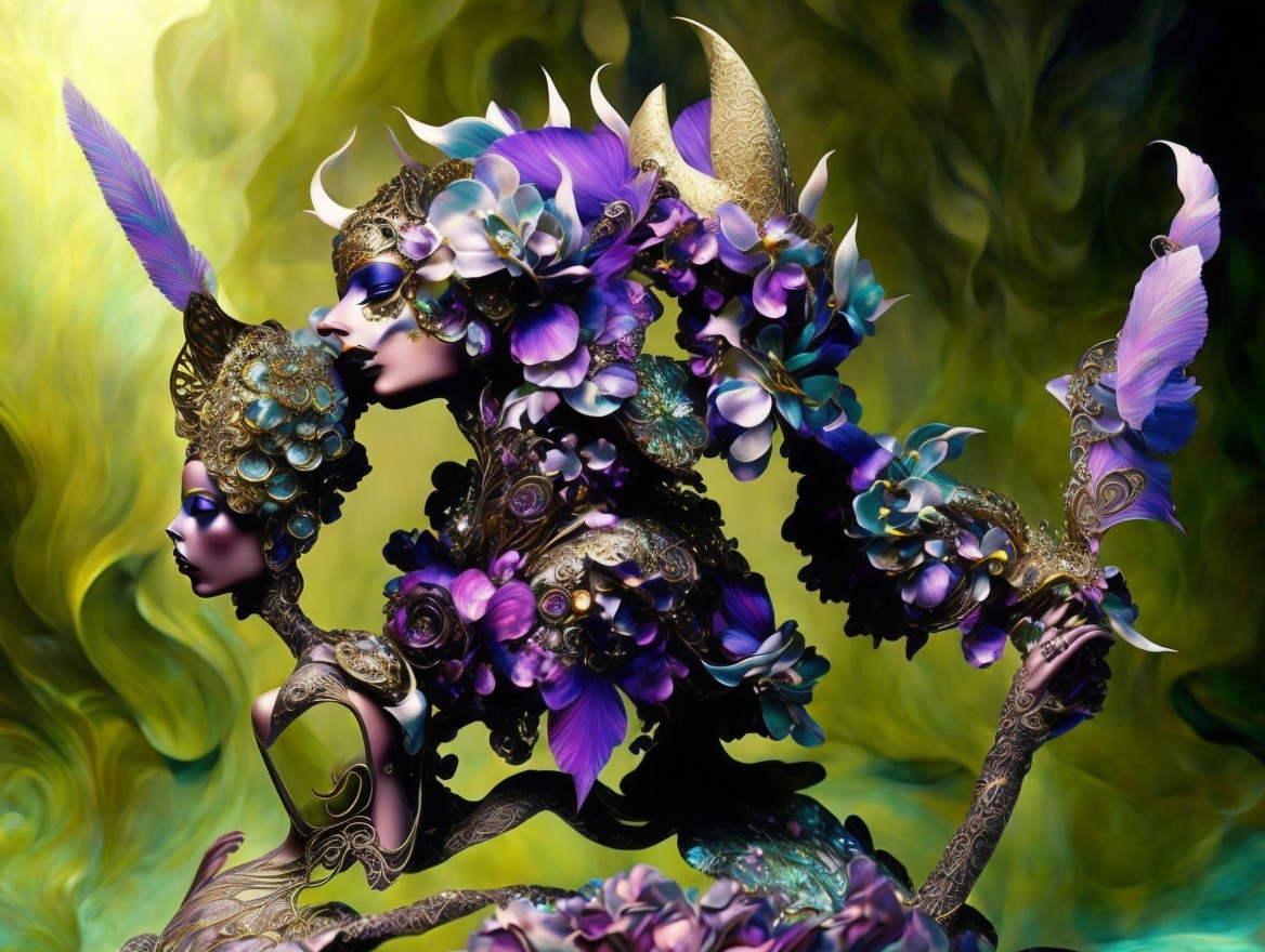 Intricate Sculptural Figures with Floral and Feather Details