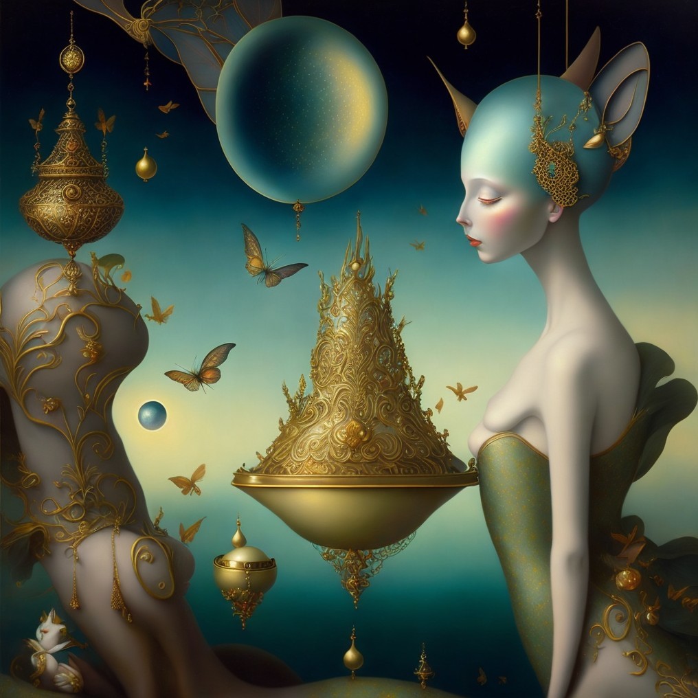 Ethereal scene with fantastical figures and landscape