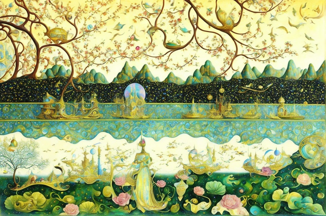 Vibrant Fantastical Landscape with Graceful Figure