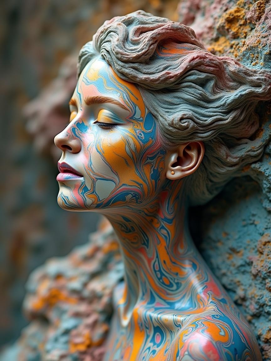 Serene Figure with Intricate Body Paint in Vibrant Hues