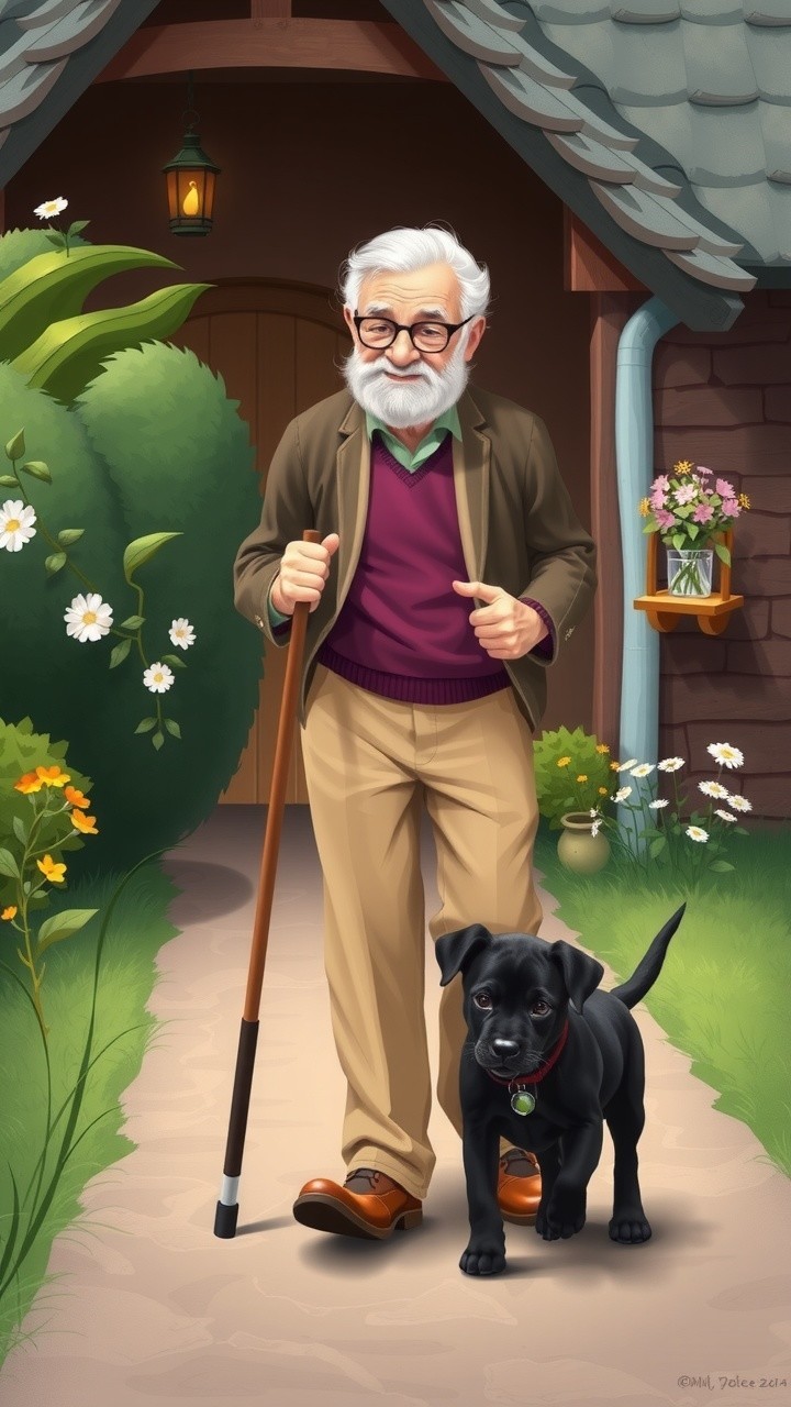 Elderly man and puppy walking to a cozy home