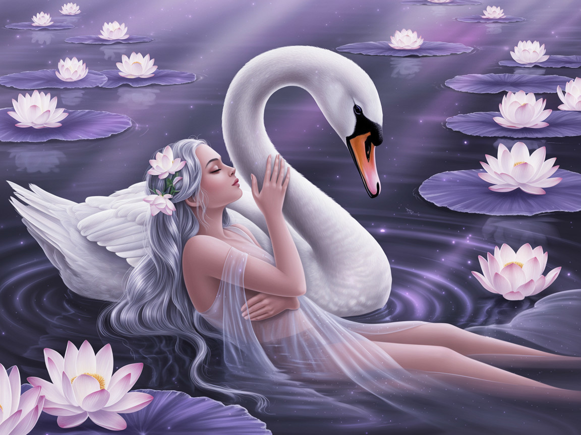 Serene Woman with Swan in Tranquil Pond Setting