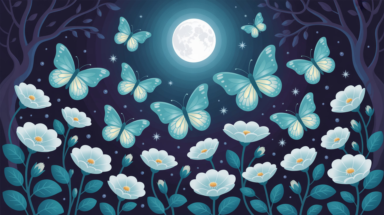 Nighttime Scene with Moon, Flowers, and Butterflies