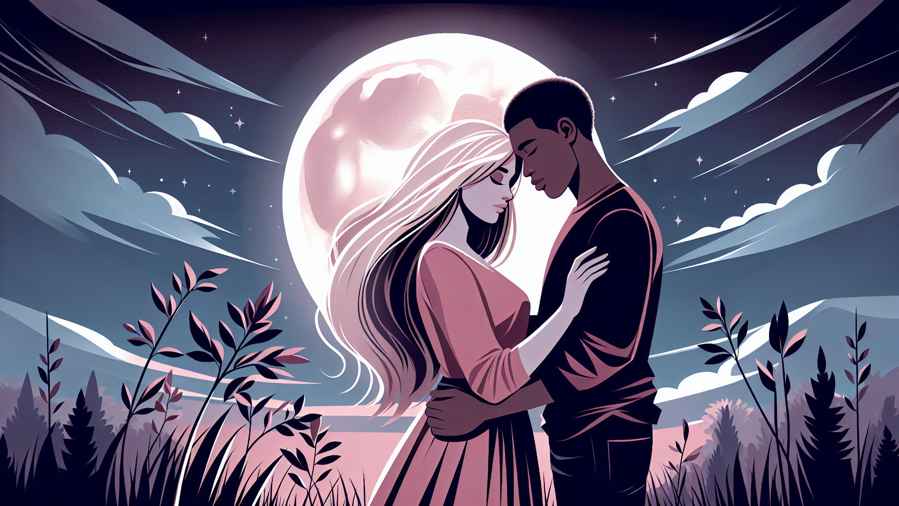 Couple Embracing Under Full Moon in Serene Night Scene