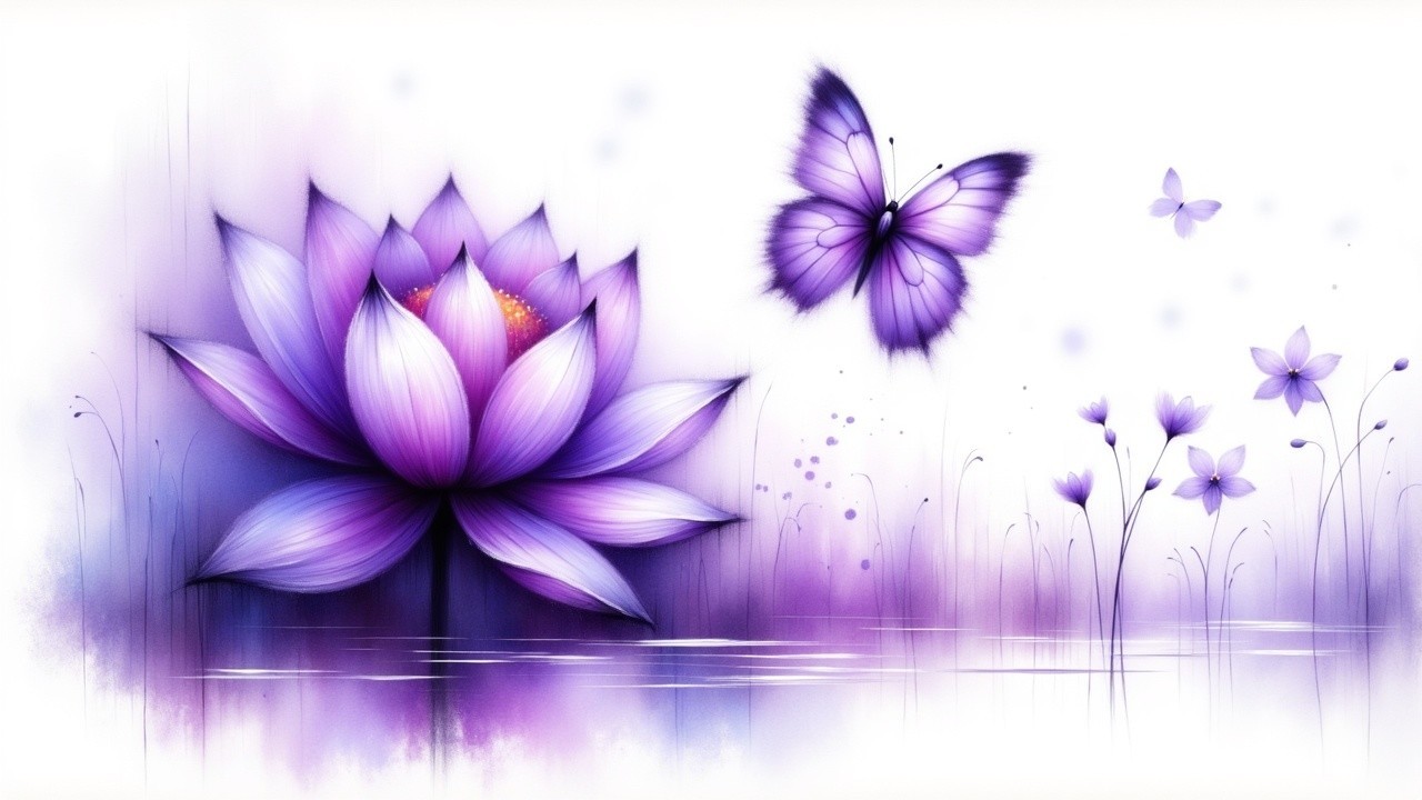 Vibrant Purple Lotus Flower by Tranquil Water Scene