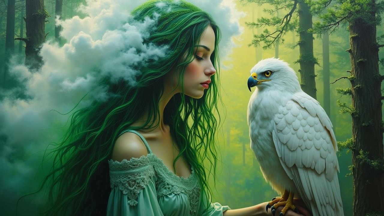 Young woman with green hair and white eagle in forest