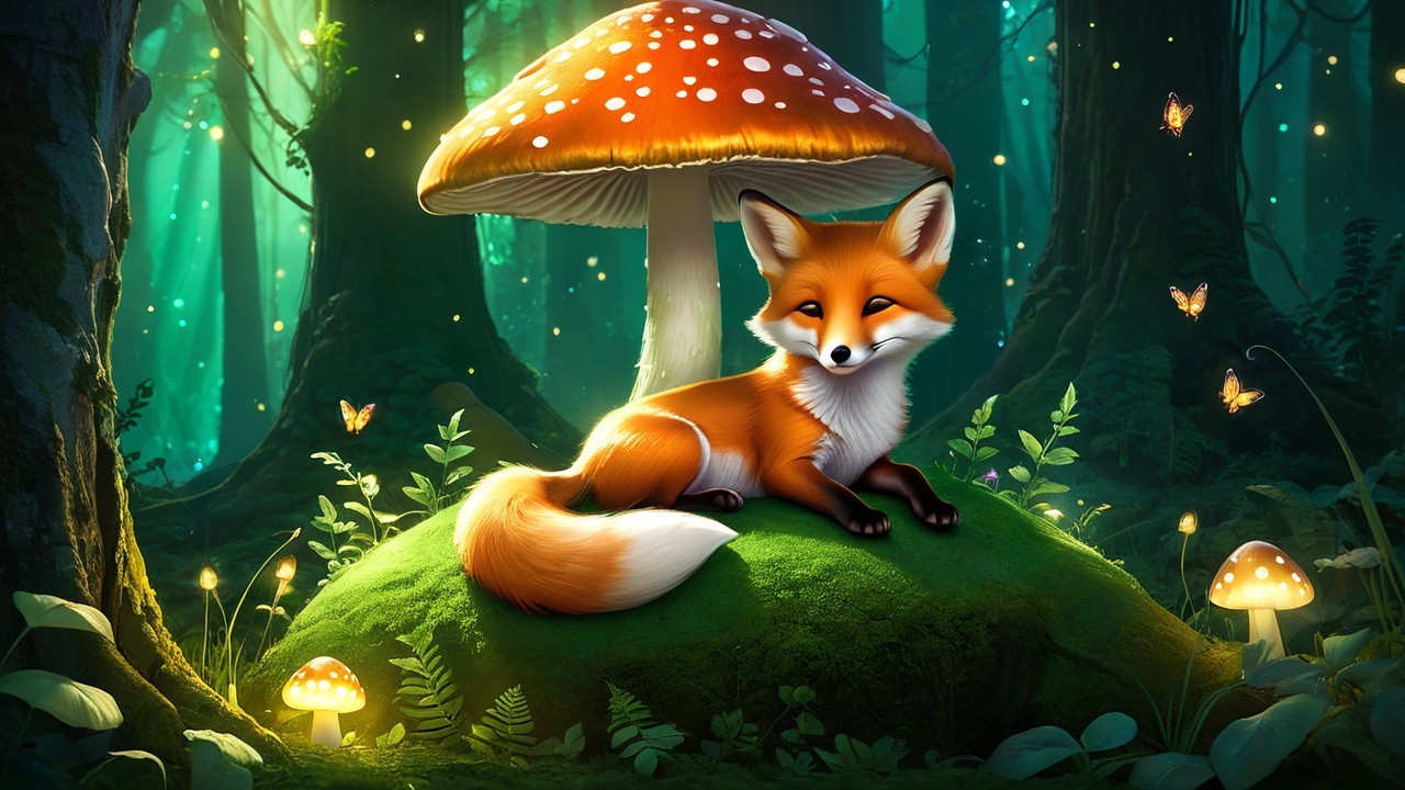 Whimsical Fantasy Forest with a Stylized Orange Fox