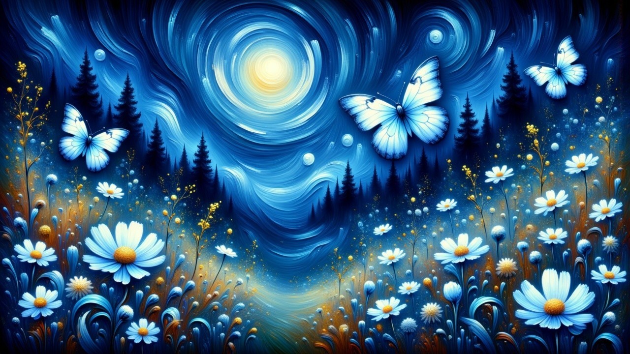 Swirling Night Sky and Vibrant Meadow Landscape