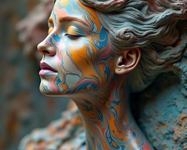 Serene Figure with Intricate Body Paint in Vibrant Hues