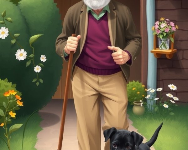 Elderly man and puppy walking to a cozy home