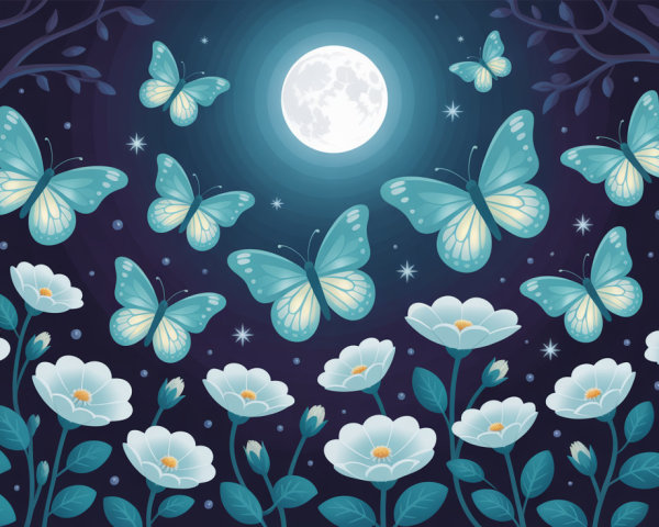 Nighttime Scene with Moon, Flowers, and Butterflies