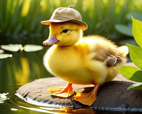 Fluffy yellow duckling in a fedora on a wet rock