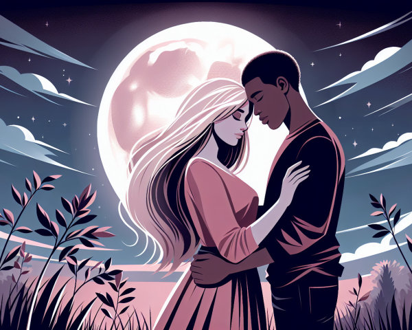 Couple Embracing Under Full Moon in Serene Night Scene