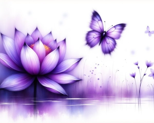 Vibrant Purple Lotus Flower by Tranquil Water Scene