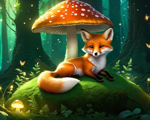 Whimsical Fantasy Forest with a Stylized Orange Fox