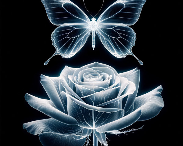 Translucent Butterfly Above Ethereal Rose on Black Background